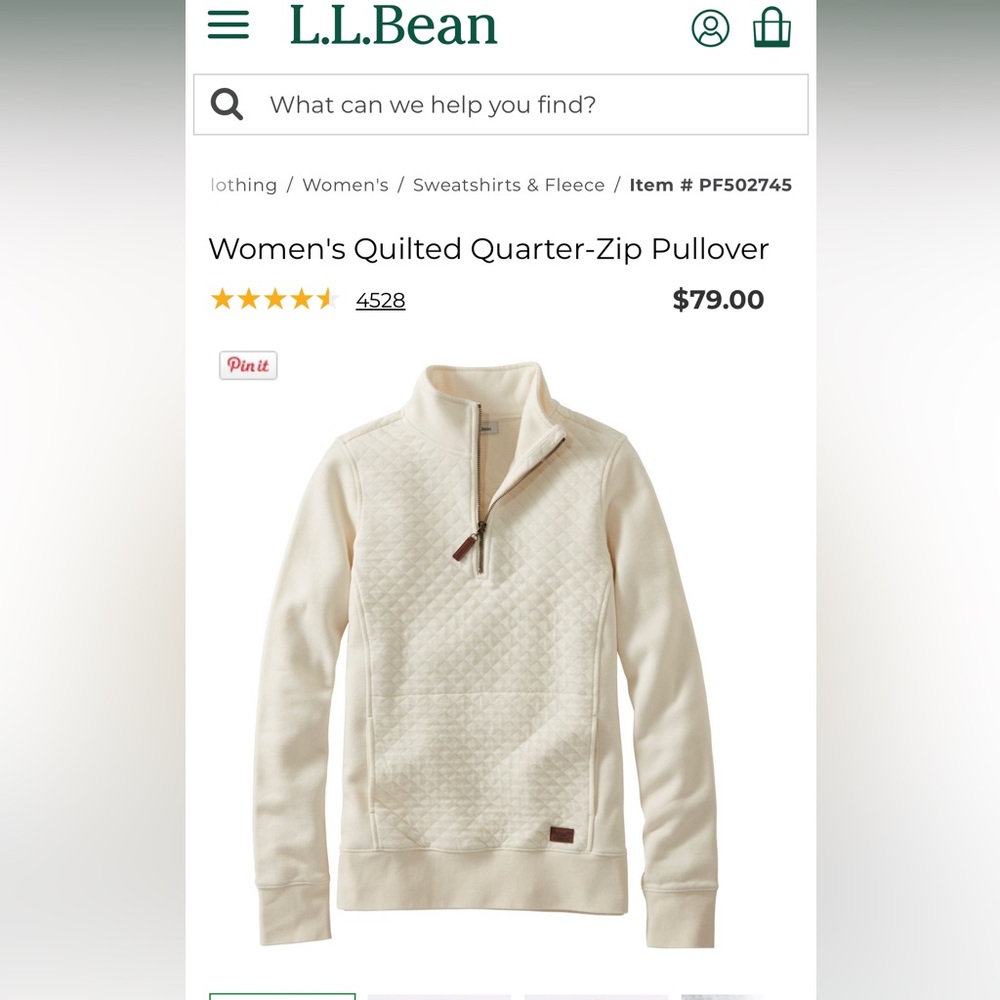 LL Bean Women’s quilted quarter zip pull over in cream